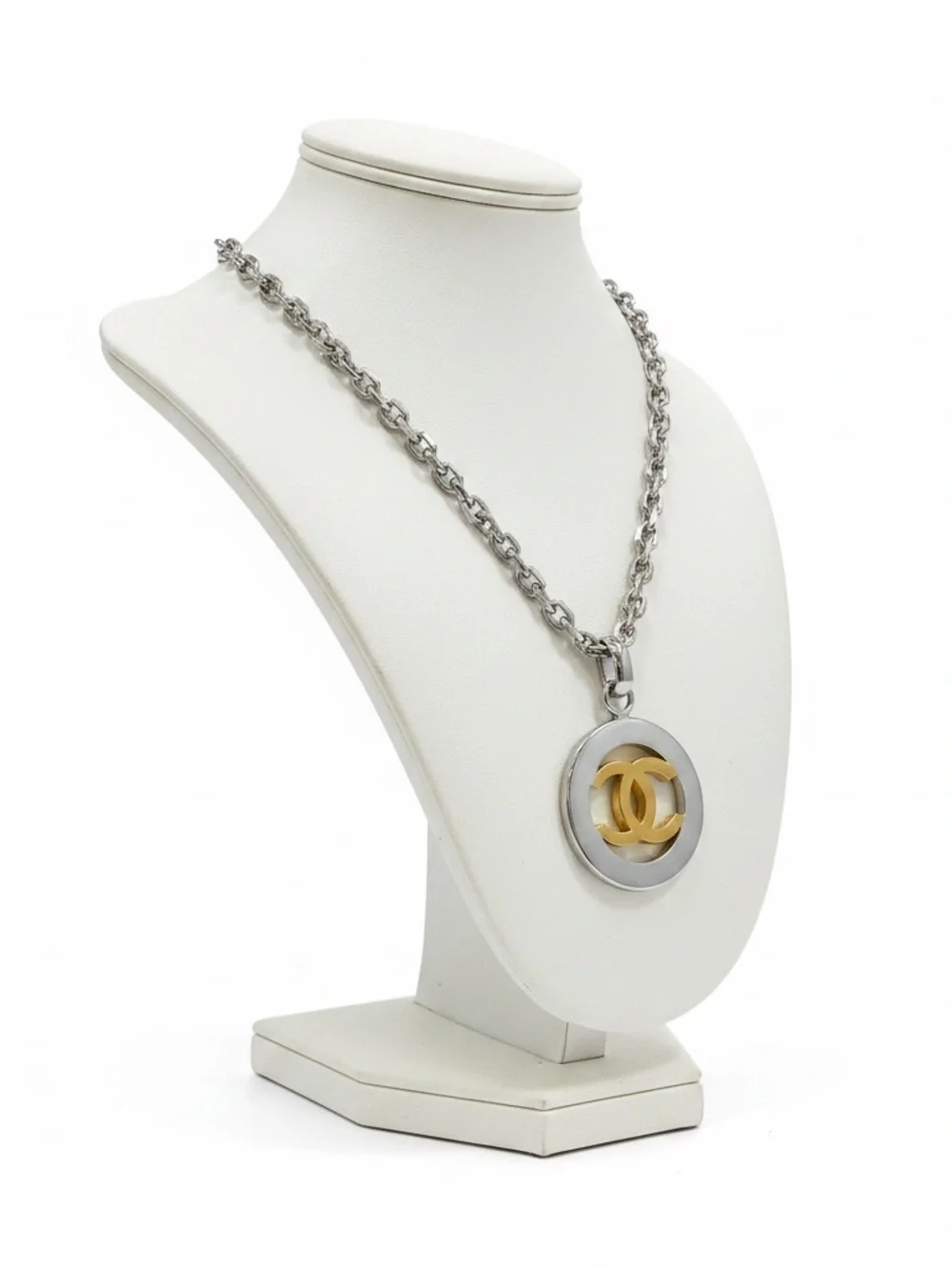 CHANEL Vintage Two-Tone CC Round Pendant Necklace - Silver & Gold